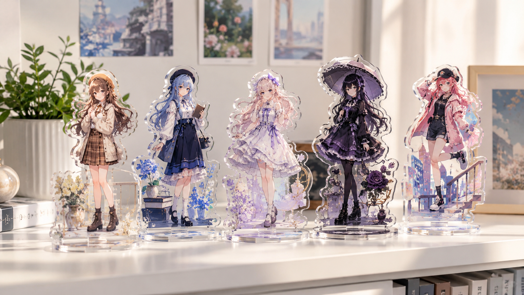 アニメキャラクターアクリルスタンド5体ディスプレイ