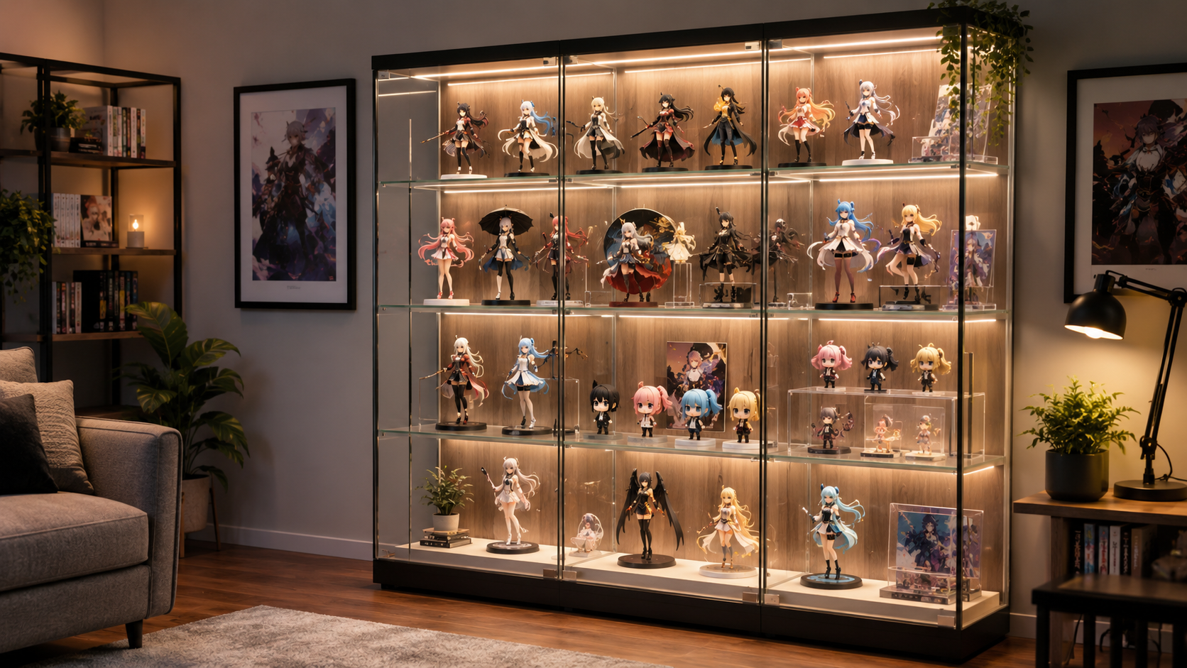 LEDライト付きガラスケースにアニメフィギュアをコレクション展示