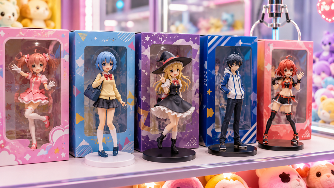 UFOキャッチャー景品のアニメプライズフィギュア箱並び