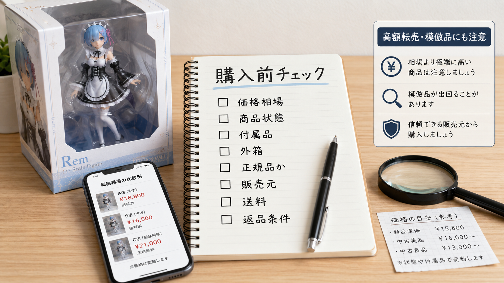 高額転売や模倣品に注意しながら購入前チェックをするイメージ