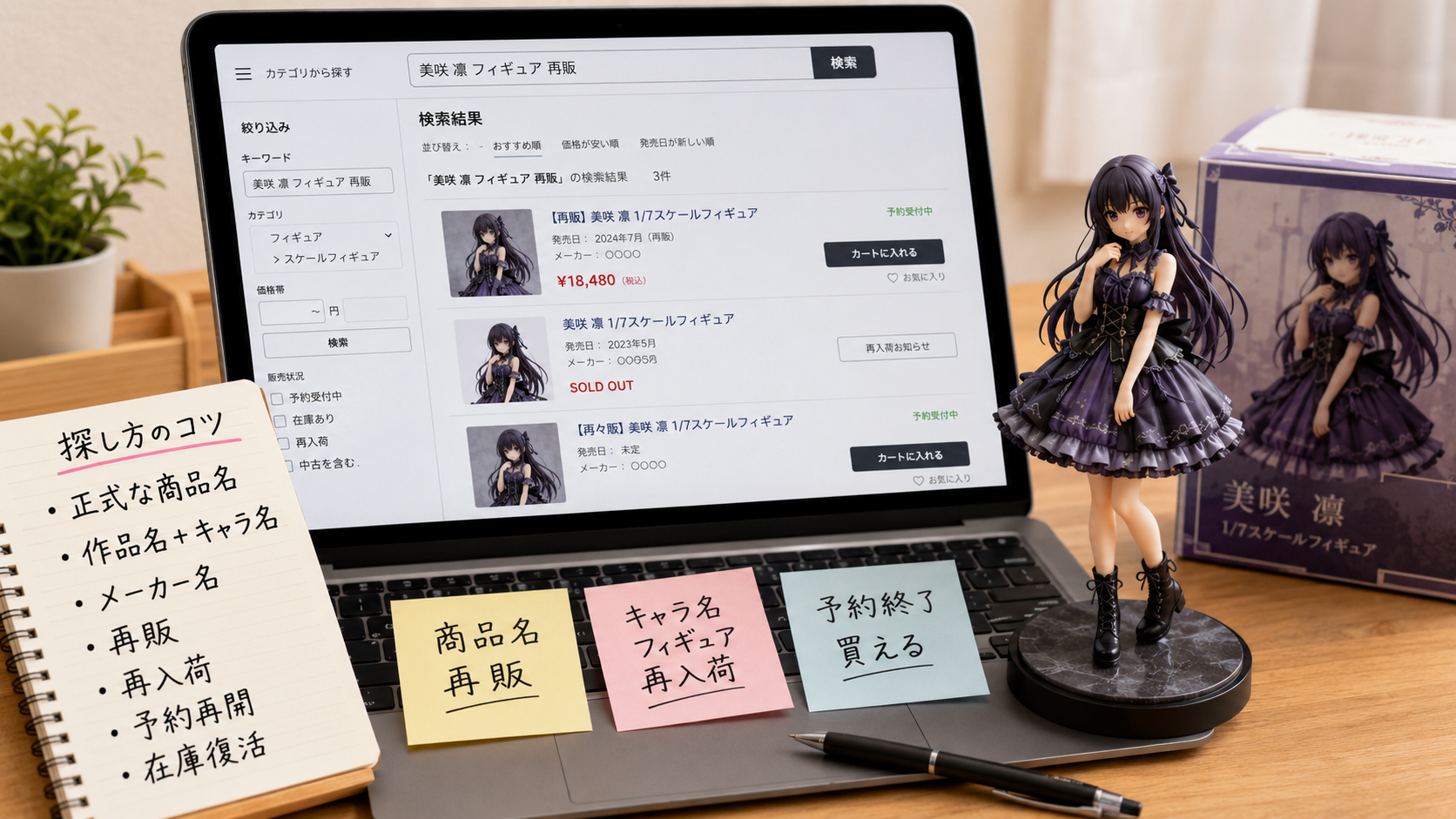 予約終了後のフィギュアを商品名、作品名、再販、再入荷で探すイメージ